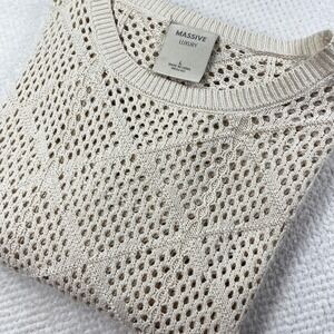 Massive Luxury NYC Mens Knit Crochet Short Sleeve Shirt, Beige, Casual, Large